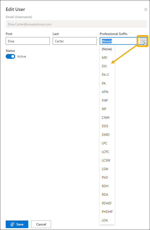 Membership edit user window with a yellow highlight box around the drop-down arrow with a yellow arrow pointing downwards towards the selection list.